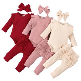 Kledingsets 3 stks Baby Girl Outfit Set Born Toddler Kinderkleding Set Baby Girls Lace Ruffles Cotton Bodysuit Pantsheadband Clothing 230317