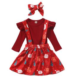 Kleding Sets 3 stks Baby Meisjes Christmas Strap Dress Red Pit Gebreide Ruche T-shirt + Santa Claus Overalls Outfits voor Little 9m 12m