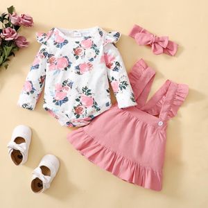 Ensembles de vêtements 3pcs bébé filles vêtements automne tenue florale imprimé à manches longues col rond barboteuse dentelle jarretelle jupe chapeaux ensemble vêtements