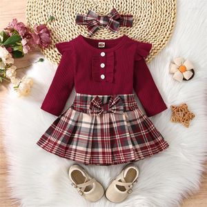 Ensembles de vêtements 3 pièces bébé filles vêtements automne tenue côtelée à manches longues barboteuse jupe plissée à carreaux bandeau ensemble pour les tout-petits 0-18 mois