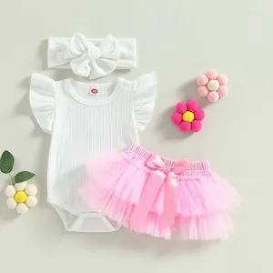 Kledingsets 3 stuks babymeisjeskleding zomeroutfits witte mouw geribbelde romper roze strik ruche tutu mesh shorts hoofdband set