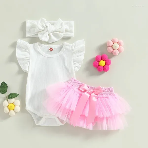 Ensembles de vêtements 3pcs bébé filles vêtements tenues d'été manches blanches barboteuse côtelée rose arc à volants tutu maille shorts bandeau ensemble