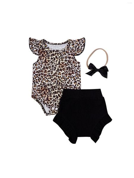 Ensembles de vêtements 3 pièces pour bébés filles, tenue d'été à manches imprimées léopard, barboteuse à col rond, couleur unie, short taille haute, couvre-chef