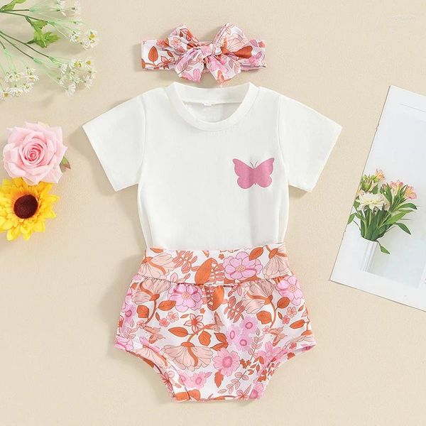 Juegos de ropa 3pcs para niñas pantalones pantalones cortos de manga corta camiseta estampada de mariposa diadema de flores atuendo de verano para niños