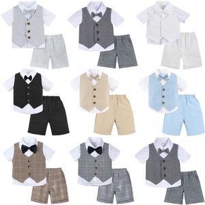 Kleding Sets 3 STUKS Baby Kids Jongens Kind Bruiloft Formele Pak Outfit Peuter Zomer Wit Shirt met VlinderdasVestShorts Kostuums 221203