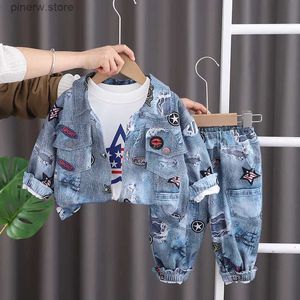 Ensembles de vêtements 3 pièces bébé printemps enfants garçons costume 2024 Style coréen imprimé vestes en jean + T-shirts + pantalons pour 12 à 18 mois ensembles de vêtements pour garçons