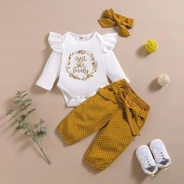 Conjuntos de ropa 3 unids nacidos bebés ropa infantil otoño otoño conjunto de algodón letra mameluco punto impresión arco pantalones diadema trajes de primavera traje