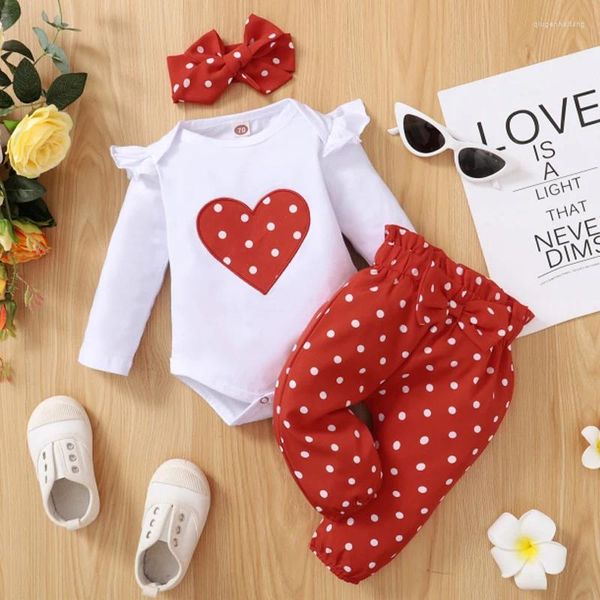 Vêtements Ensembles 3pcs Born Girl Vêtements Toddler Baby Set Love Heart Imprimé Long Mancheur Romper Pant Tenue