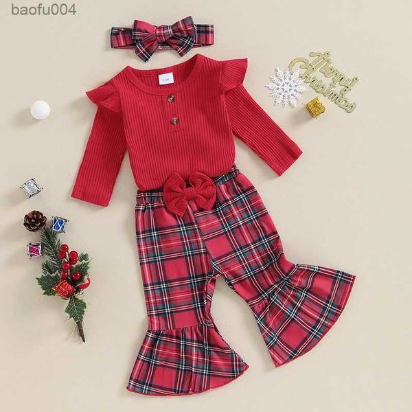 Conjuntos de ropa 3 piezas Conjunto de ropa navideña para niñas con volantes de manga larga + Pantalones acampanados con estampado de cuadros + Diadema Trajes para niños R231113