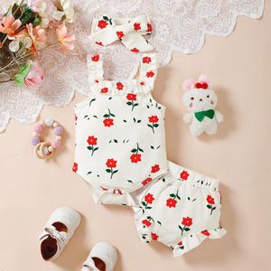Kledingsets 3 stks schattige babymeisjes zomerset prinses bloemenprint pakken voor kinderbanden mouwloze rompers shorts hoofdbanddekte