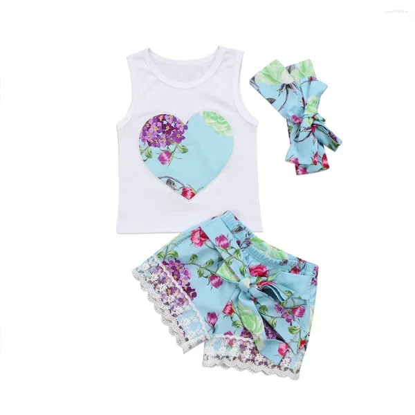 Juegos de ropa 3pcs lindos niños pequeños niños niñas sin mangas amor corazón flor tops pantalones pantalones pantalones de encaje