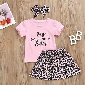 Kledingsets 3 stcs mode Baby Girl Outfits Big Sister T-Shirt /Little Leopard Romper broek /rokhoofddeksels setsclothing