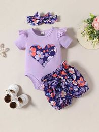 Ensembles de vêtements 3pcs filles à manches courtes coeur de pêche coton onesie + pantalon floral mode version coréenne du costume de bébé vêtements d'été 0-18m