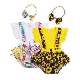 Ensembles de vêtements 3 pièces infantile bébé filles vêtements d'été coton à manches courtes hauts imprimé fleuri cuissard bandeau tenues 0-18M