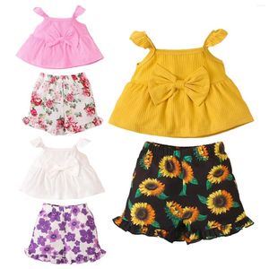 Ensembles de vêtements 3pcs Baby Girls Baby Girls Summer Summer Sleeve Bowknot Flounce Cami Top avec short à volants à imprimé floral et ensemble de bande