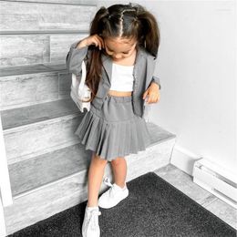 Kleding Sets 3 Stuks Kinderen Meisjes Kleding Kinderen Effen Kleur Lange Mouw Jasje Vest Plooirok College School Stijl baby Outfit 1-6Y