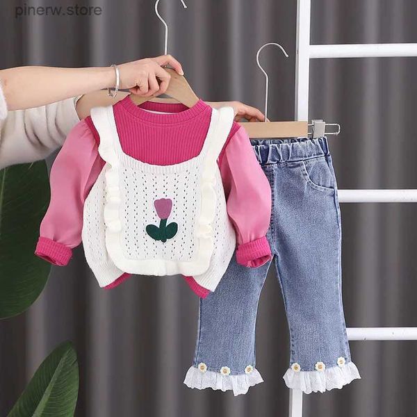 Conjuntos de ropa 3 uds. Ropa de primavera para niños 2024, chaleco de punto de tulipán de moda coreana + camisetas casuales + pantalones vaqueros, traje para niños, conjuntos de trajes para niñas