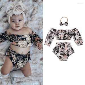 Kledingsets 3 stks kleine meisjes kleding outfit zomer zoete stijl off schouder bloemen printen crop top shorts boog hoofdendeksel set