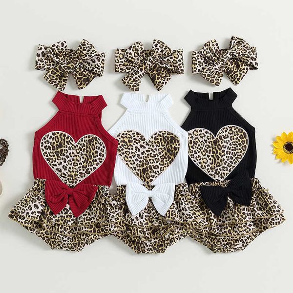 Ensembles de vêtements 3 pièces nouveau-né bébé filles tenue d'été imprimé léopard coeur tricot débardeur nœud volants short bandeau 0-18M