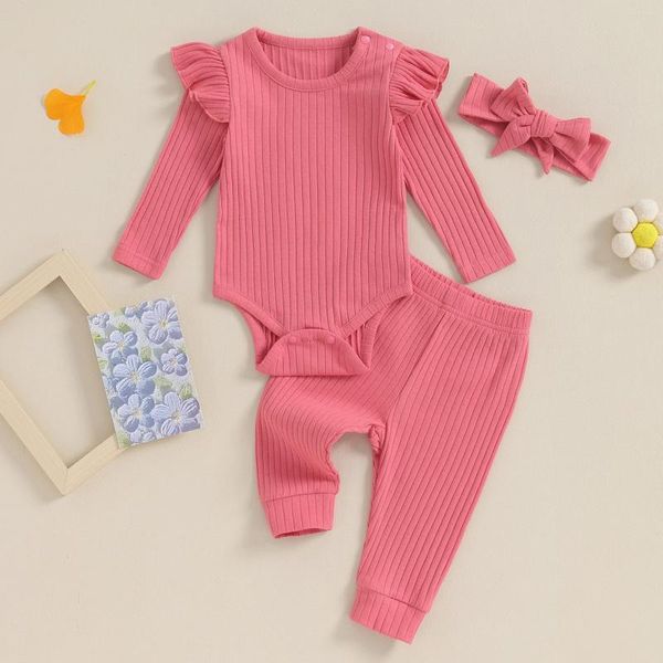 Ensembles de vêtements 3pcs coton doux côtelé bébé filles vêtements ensemble automne printemps tenues à manches longues barboteuse pantalon bandeau enfants infantile