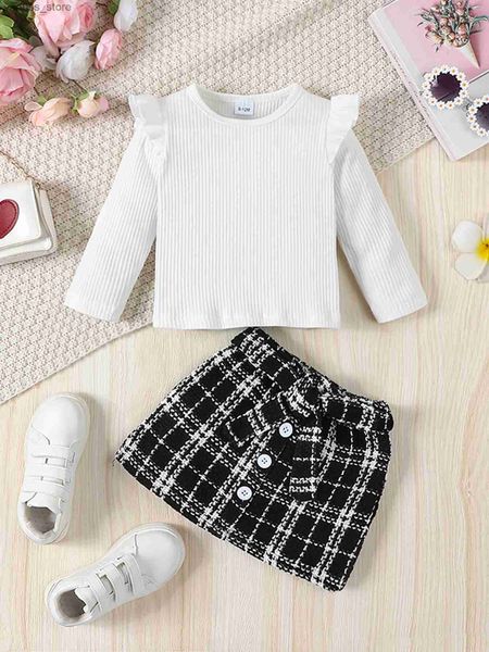 Ensembles de vêtements 3pcs Set Baby Girl Ruffle Ruffle à manches longues Top + Plaid Mini jupe plissée avec ceinture