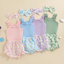 Kledingsets 3 % Set Baby Girls Summer Shorts Solid Color Mouwlevess geribbelde Romper Daisy Print Headband