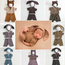 Kledingsets 3 stks set babyfotografie kleding sets gebreide konijn konijntje pasgeboren baby foto kostuums lange oren shirt hoed broek outfits z0321