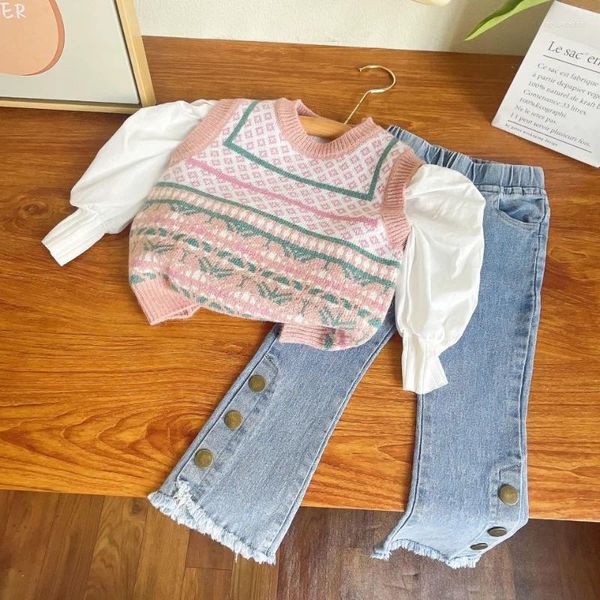 Ensembles de vêtements 3pcs ensemble enfants fille vêtements 2-7 ans enfants manches bouffantes chemise blanche hauts gilet tricoté demin pantalon évasé jean automne