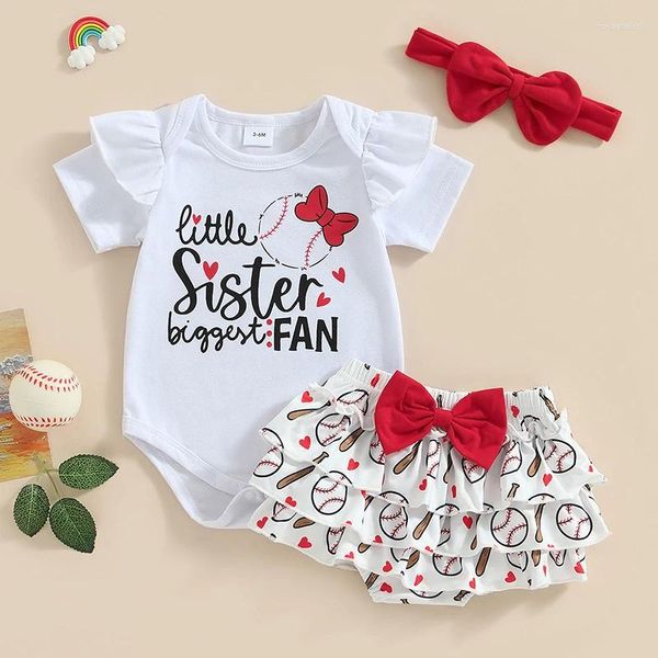 Conjuntos de ropa 3 unids verano bebé niña trajes de béisbol manga corta mameluco volante pantalones cortos diadema conjunto lindo bebé