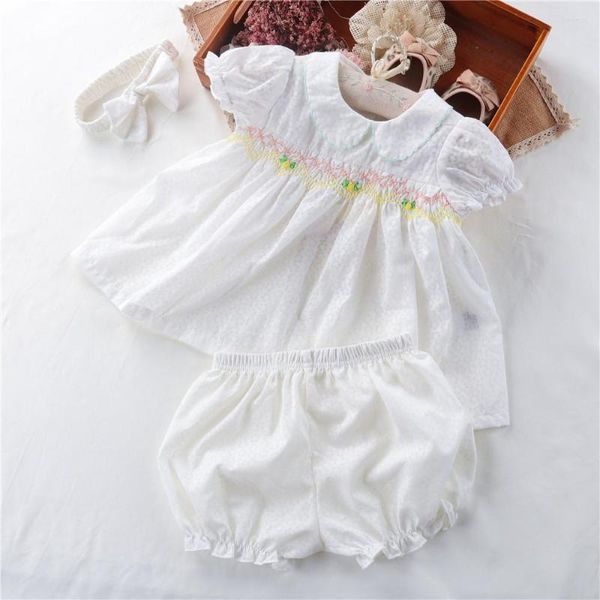 Conjuntos de ropa, 3 uds., vestido Floral ahumado para niña de verano con pantalones cortos, diadema, bordado infantil, Boutique, princesa española