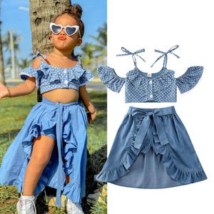 Ensembles de vêtements 3pcs été fille bébé enfants vêtements hors épaule volants t-shirt top shorts princesse ceinture jupe tenues de fête 1 5T 230630