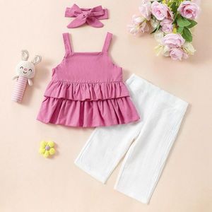 Kledingsets 3 stks zomer baby babymeisjes kleding 1 2 3 jaar outfits massieve kleur ruches mouwloze tanktops lange broek hoofdband pakken