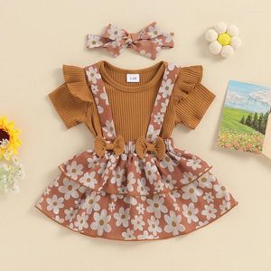 Kledingsets 3 STKS Zoete Stijl Baby Meisjes Outfits Zacht Katoen Ruche Geribbelde Rompertje Met Korte Mouwen Met Bloemenprint Jarretelrokje Hoofdband