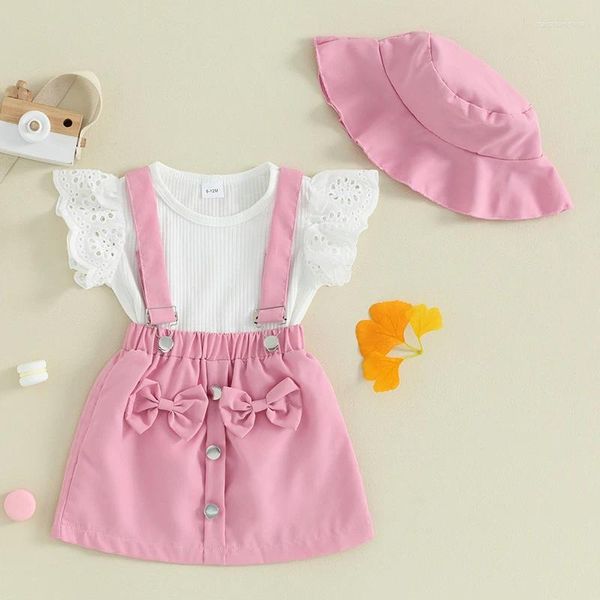 Conjuntos de ropa para niña pequeña, trajes de verano con manga y cuello redondo, Tops con lazo decorado, falda con tirantes, conjunto de sombrero, ropa para bebé infantil, 3 uds.