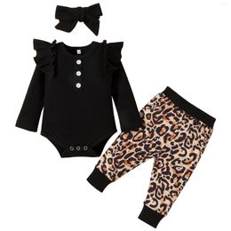 Ensembles de vêtements 3 pièces enfant en bas âge tenue couleur unie à volants à manches longues barboteuse imprimé léopard pantalon bandeau pour bébé filles 0-18 mois
