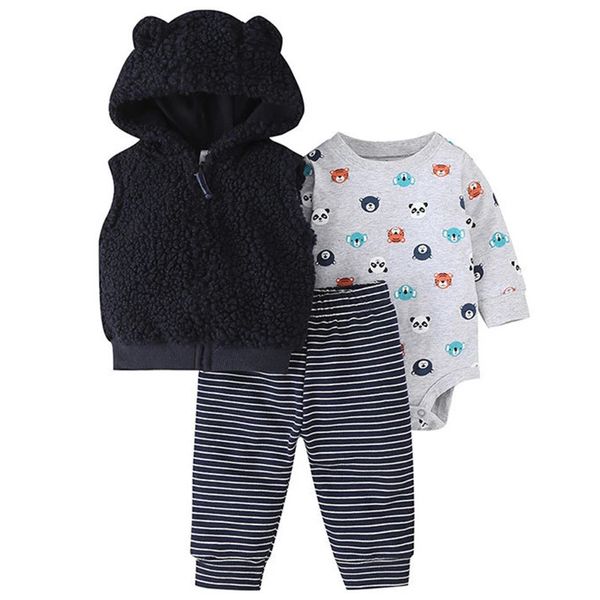 Ensembles de vêtements 3 pièces automne enfant en bas âge garçon tenues coréen décontracté dessin animé mignon à capuche polaire gilet body pantalon né bébé vêtements BC753 231204