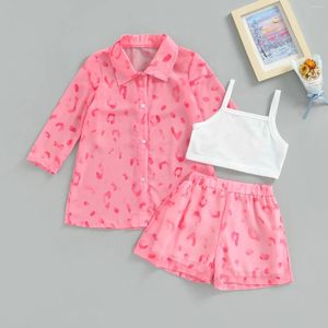 Ensembles de vêtements 4-7 ans enfant en bas âge enfants filles 3 pièces tenues chemises à manches longues manteau mince gilets à bretelles blanches ensemble de shorts de taille élastique