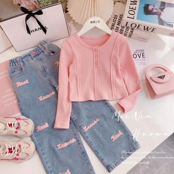 Ensembles de vêtements 4-9y Girls 'Set Automne Spring Tricoted Sweet Top Letter Decal Jeans Two Piece Migne Petit Girl Kids Fashion