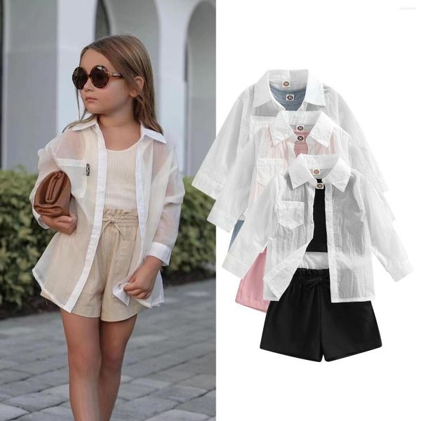 Ensembles de vêtements 4 couleurs mode petit enfant filles vêtements bouton à manches longues manteau résistant au soleil débardeurs tricotés shorts élastiques tenues de plage