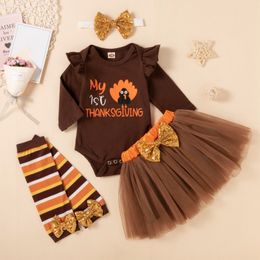 Ensembles de vêtements 4pcs bébé vêtements de Thanksgiving costumes de filles en bas âge dessin animé dinde motif hauts jupe en maille avec legging bandeau 230919