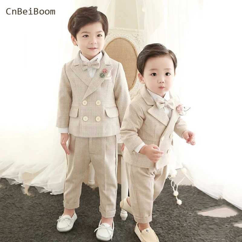 Clothing Sets 4PCS Little Boy Gentleman Suit Formal clothes Coat Vest Pants Tie bow Outfit Set Khaki Lattice birthday Wedding Party Dress Suit Y240515