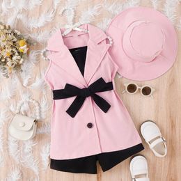 Ensembles de vêtements 4pcs bébé fille revers sans manches bouton gilet veste manteau licou haut court short chapeau tenue