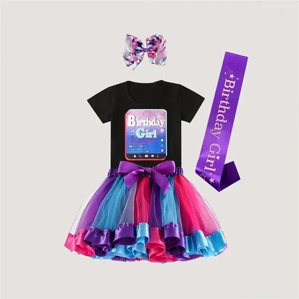 Ensembles de vêtements 4pcs Toddler Girls Slogan T-shirt Top Top Bow Front Color Bloc Mesh Princess tutu jupe Ribbon Band Set pour l'anniversaire