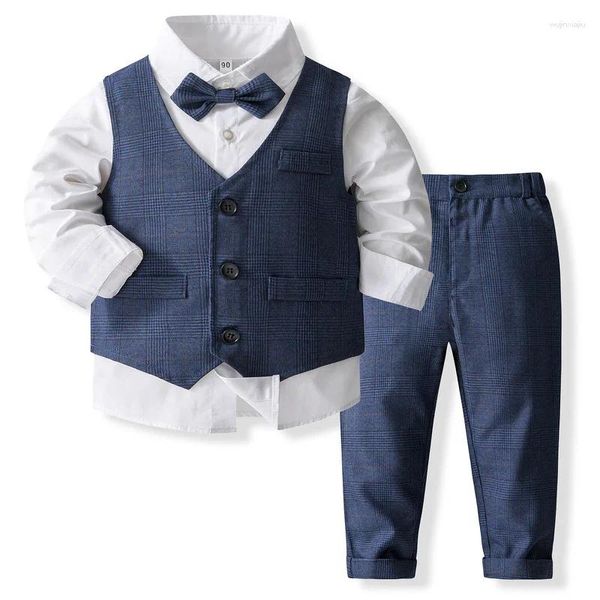 Conjuntos de ropa 4 piezas 2024 Spring Boys Outfit Set Moda Caballero Plaid Tops de algodón Chaleco Pantalones Corbata Ropa para niños Baby Boutique BC1538