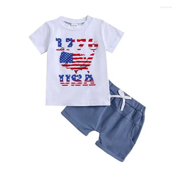 Ensembles de vêtements 4 juillet 2pcs Tenues pour enfants Vêtements Boys Letter Flag Stripe Stripe Stars Imprimer des t-shirts à manches courtes