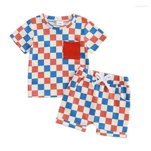 Kledingsets 4 juli Baby Boy Girl-outfit Rood en blauw geruite T-shirt shorts met korte mouwen Set Poddler Patriotic