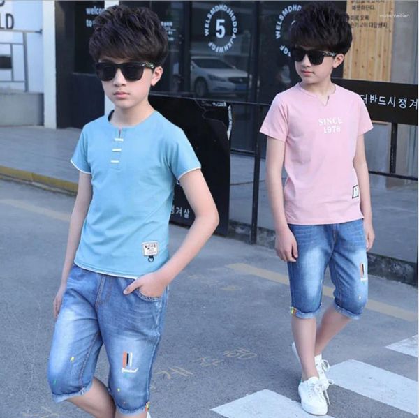 Conjuntos de ropa para niños de 5 a 14 años, conjunto de traje deportivo, moda de verano, pantalón corto informal, camiseta de manga corta para adolescentes, pantalones vaqueros, 2024