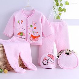 Vêtements de vêtements 5pcs nés bébé vêtements ensembles de garçons nourrissants filles coton costume de printemps tampon d'automne mignon t-shirt t-shirt chapeau