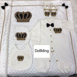 Conjuntos de ropa 5 unids nacido bebé bordado encaje mameluco traje algodón infantil productos envueltos pantalones mitones recepción manta 231012