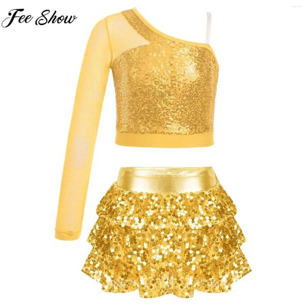 Vêtements Sets 6-16y Girls Jazz Dance Costume Sheer Mesh One épaule Sequin Crop Top avec jupe Sports Meeting Cheerleading Dancing Vêtements